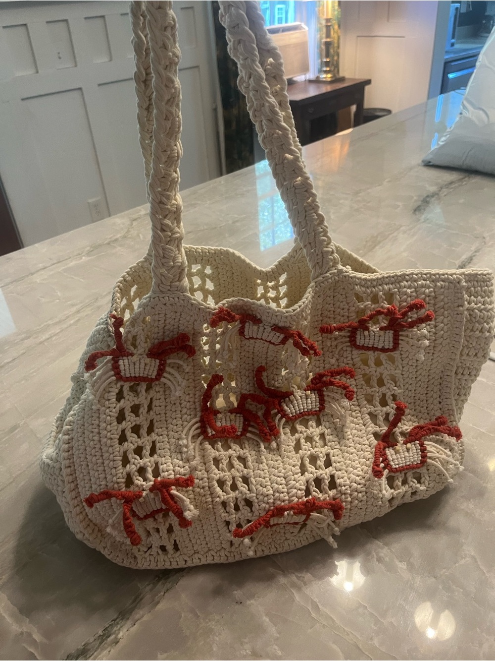 Cream Crochet Satchel with Red crab Accent Details